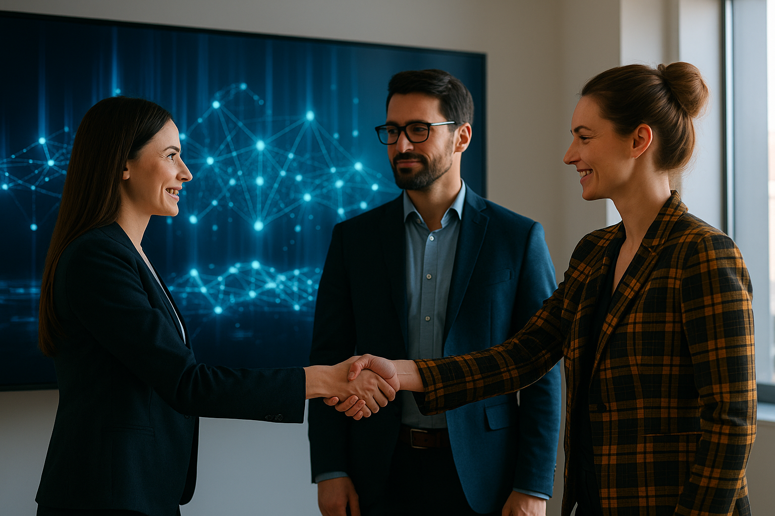 Business professionals collaborating with AI data flows, symbolizing strategic partnership and long-term collaboration