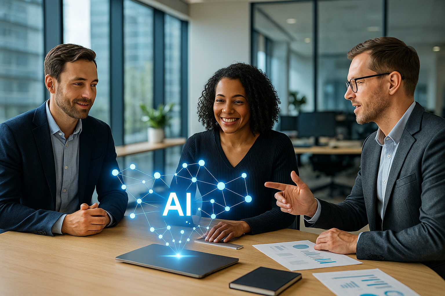 Professional team collaborating with a digital AI interface in a modern office