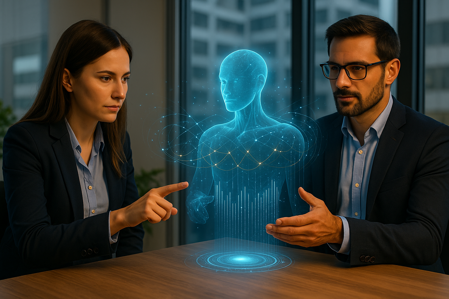 AI mission collaboration with holographic interface in a modern office setting