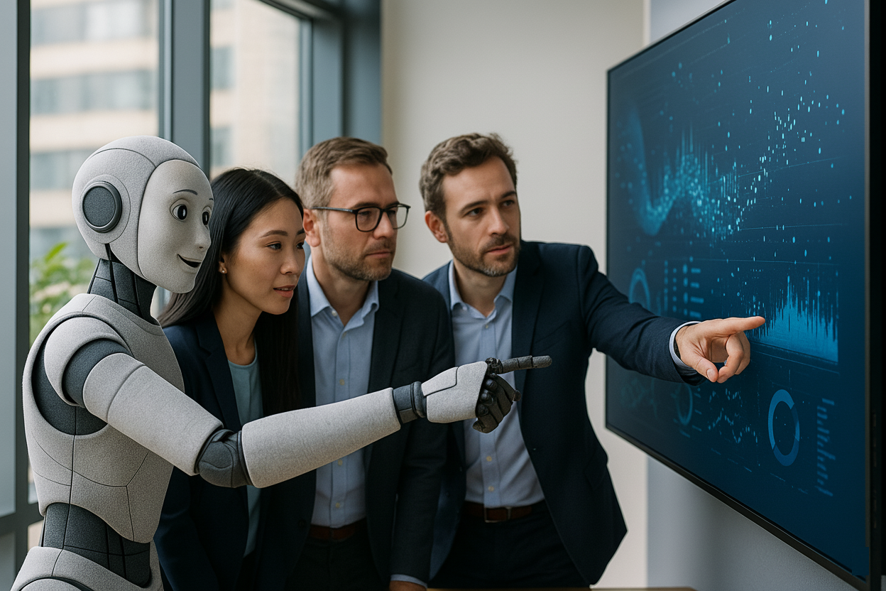 Humanoid robot collaborating with business professionals in front of a digital screen