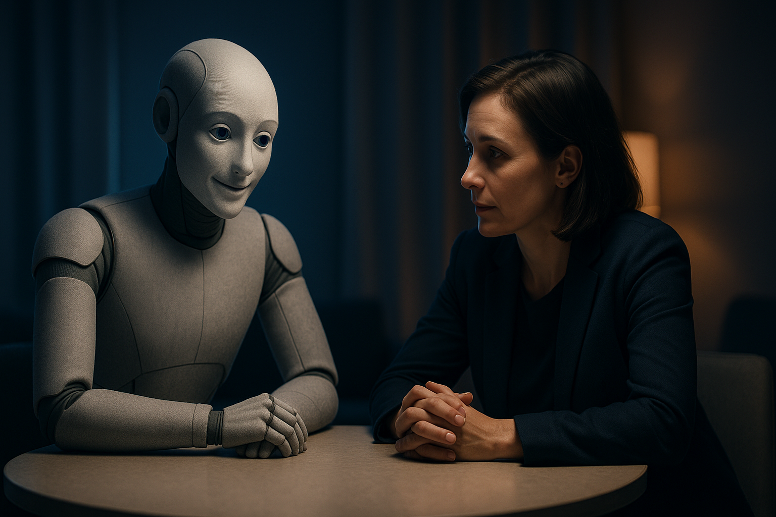 Humanoid robot and professional in a confidential meeting, symbolizing discretion and trust