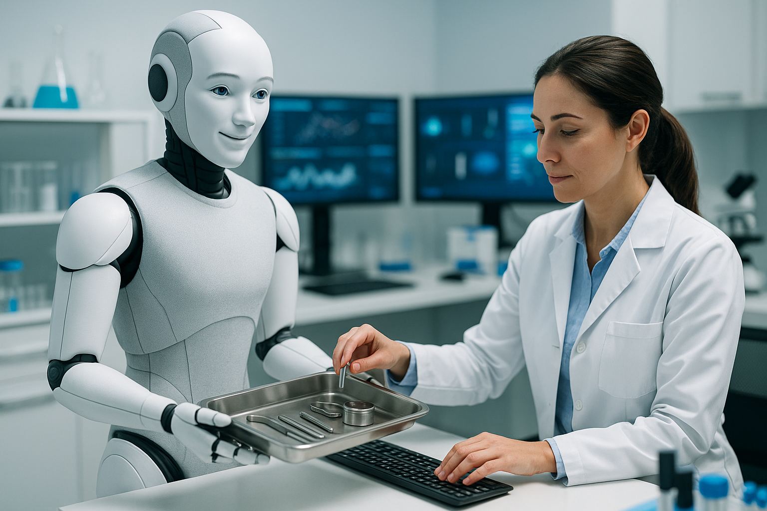 Humanoid robot assisting doctor in laboratory