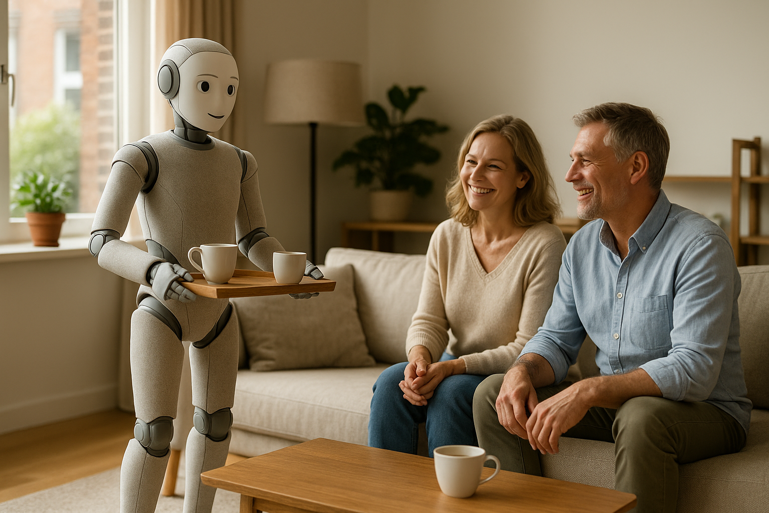 Humanoid robot serving drinks in living room